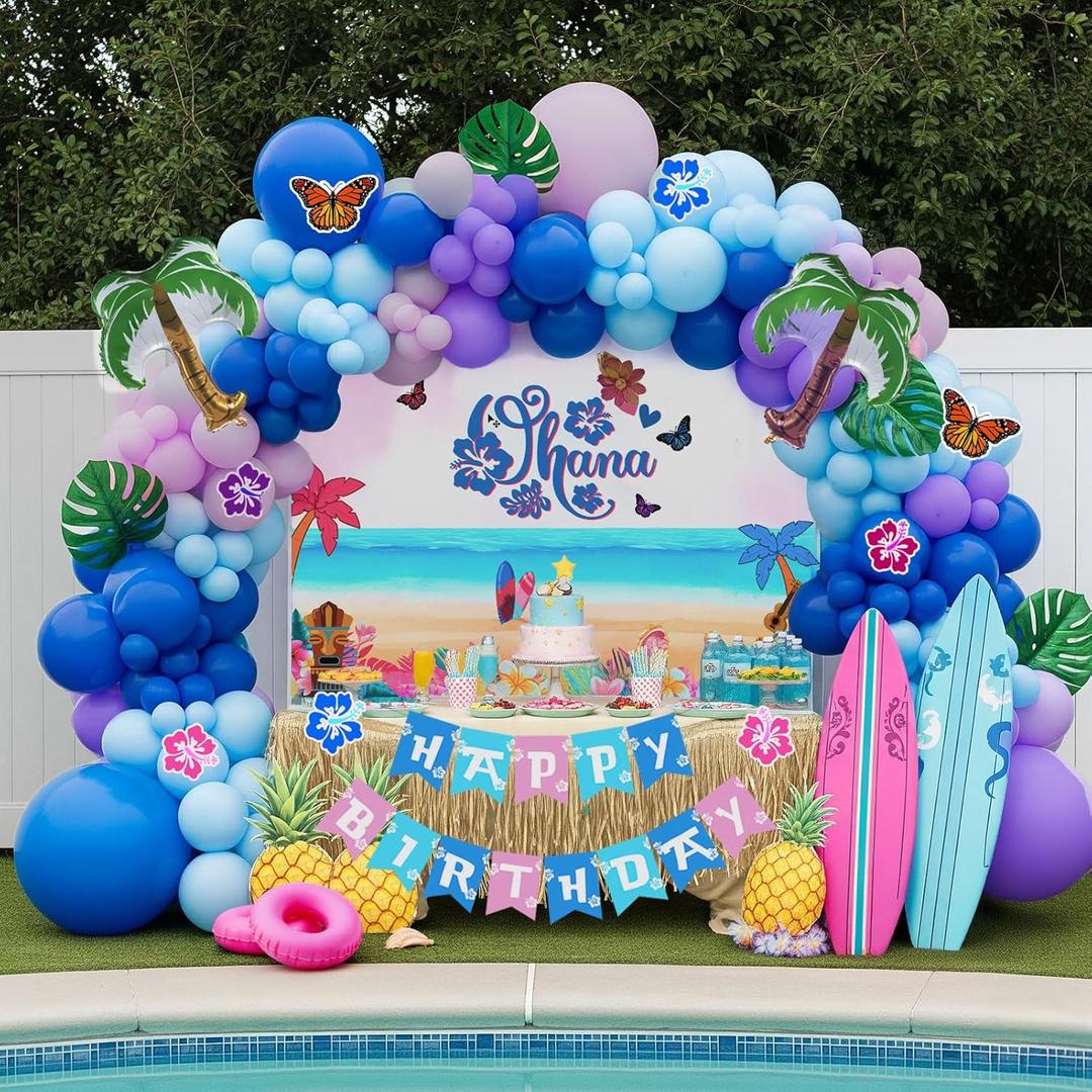 Blue pink purple Balloon Hawaii Garland Kit with Ohana theme backdrop and birthday banner plam tree mylar balloons for Summer aloha cartoon birthday party gender reveal Baby shower decorations (Burgundy,black,silver)