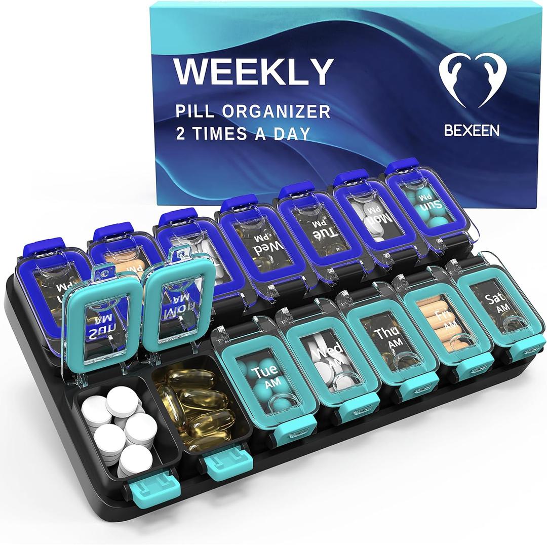 Extra Large Weekly Pill Organizer 2 Times A Day - Airtight Pill Box 7 Day - Am Pm Vitamin Case - Medicine Container Two Week Supplement Holder Daily Medication Storage Twice Med XL Green/Blue