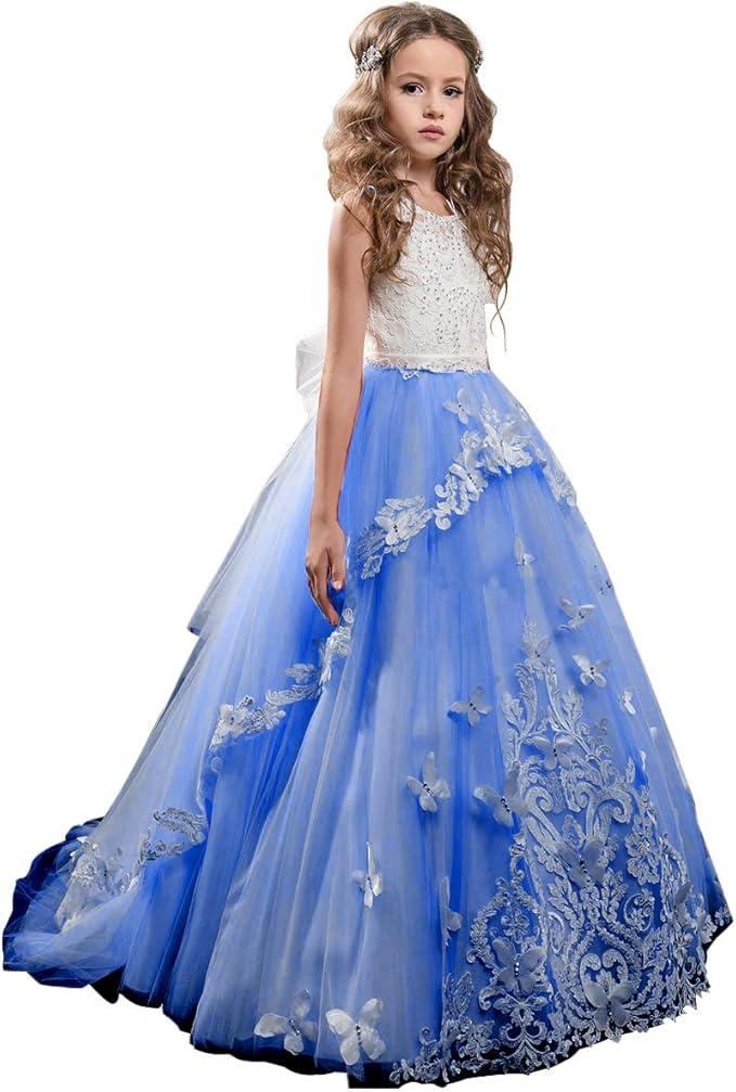 Flower Girl Dress Kids Lace Beaded Pageant Ball Gowns (Size 2, Royal Blue)