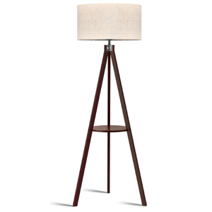 LEPOWER Tripod Floor Lamp, Mid Century Wood Standing Lamp, Modern Design Shelf Floor Lamp for Living Room, Bedroom, Office, Flaxen Linen Shade with E26 Lamp Base Walnut