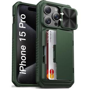 Vihibii for iPhone 15 Pro Case Wallet with Card Holder (4 Cards) & Slide Camera Lens Cover & Kickstand & Raised Edges Protective Screen, Rugged Durable Phone Case for iPhone 15 Pro 5G 6.1" 2023, Green