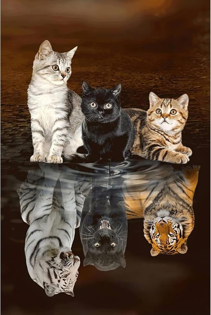 1000 Piece Wooden Jigsaw Puzzle for Adults, Cute Cats Water Reflection Tiger Illusion Puzzle, Wall Art Decor for Family Game Night, Stress Relief Gift (29.5" x 19.6")