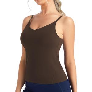 THE GYM PEOPLE Women's Longline V Neck Sports Bra with Removable Pads Adjustable Spaghetti Strap Yoga Workout Cami Tank Tops (Medium, Brown)