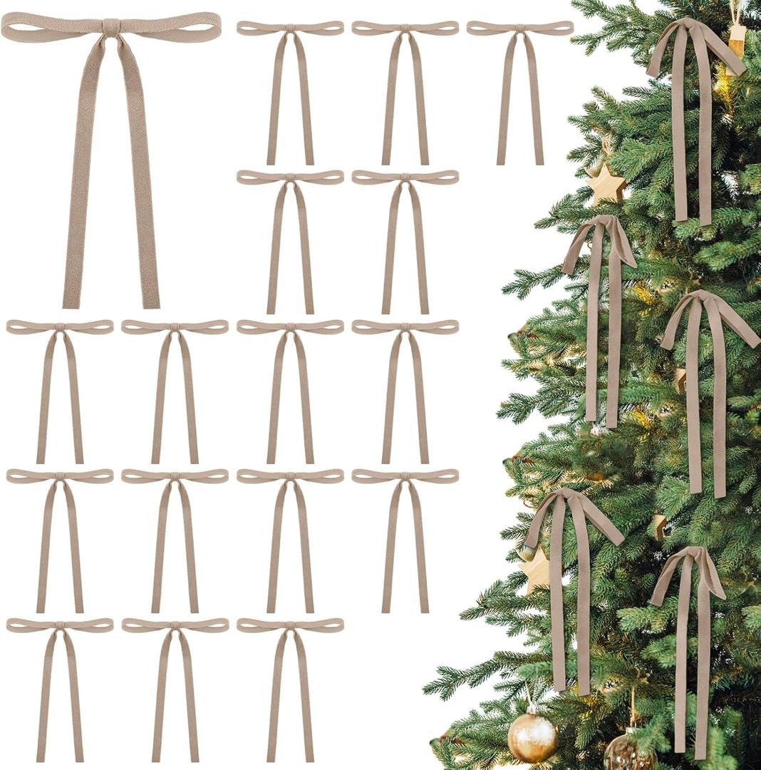 24 Pcs Velvet Bows Christmas Tree Ornaments Vintage Double Faced Velvet Ribbon Bows for Tree Garland Wreath Indoor Outdoor Xmas(5 x 7 Inch, Width of 3/8",Camel)