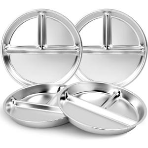Bakpoco Stainless Steel Kids Plates 4 Packs, Deepened 9" Portion Control Plate Divided Plate for Toddlers Adults Family Bariatric Weight Loss & Diabetic Diet, Non Toxic Unbreakable Dinner Dishes