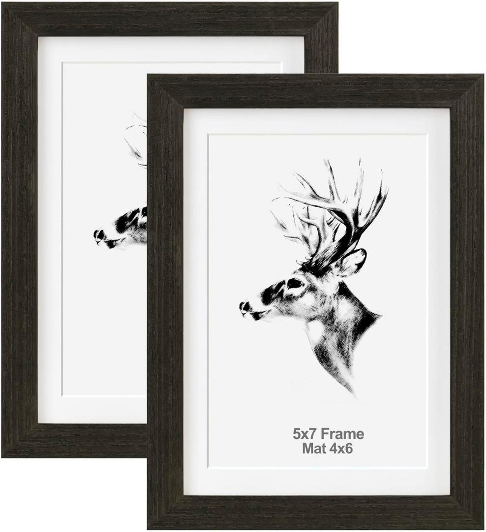 Yaetm 5x7 Black Picture Frame with Mat for 4x6 Set of 2, Solid Wood Photo Frames with Tempered Glass, 5 by 7 Wooden Picture Frames Display on Tabletop or Wall Mounting (2 Pack, Anthracite Black)