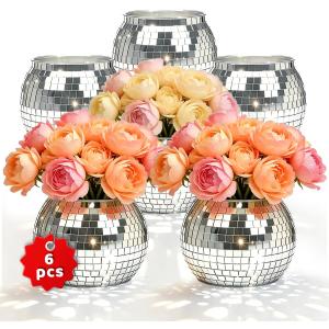 6 Pcs Disco Ball Vases,6" X 6.7" Disco Ball Centerpieces Decor,Silver Mirror Plastic Vase Disco Ball Planter for Wedding,Birthday,Office Table Decorations