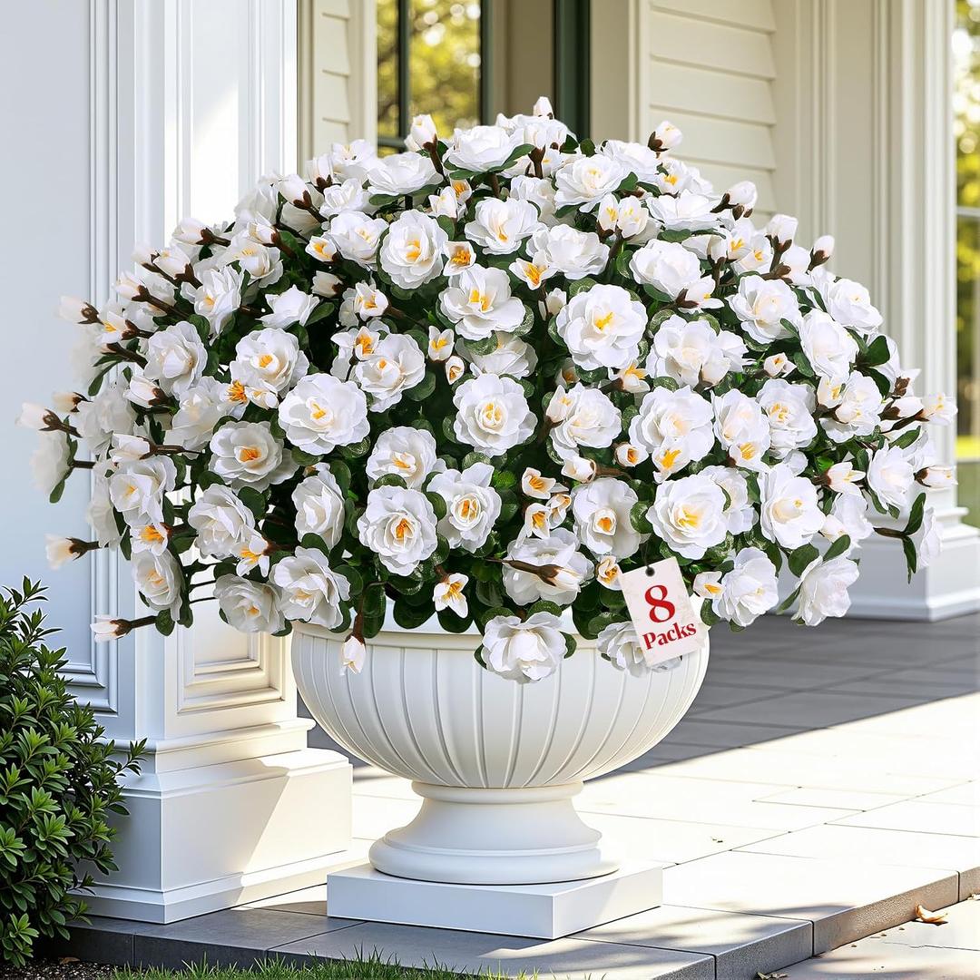 Alupssuc 8 Large Bundles Artificial Flowers for Outdoors Spring Decoration, UV Resistant Faux Flowers Silk Camellia Realistic Fake Flowers for Yard Patio Planter Porch Balcony Garden, White