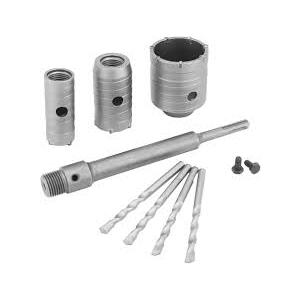 QWORK Concrete Hole Saw Kit, 7 Pcs Cement Stone Drill Bit Sets, Shank with (30mm 40mm 60mm) Cutting Diameter, 8 11/16" Connecting Rod, 3 Center Drill Bits, for Brick Stone Wall Drilling