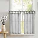 jinchan Kitchen Curtains Striped Tie Top Linen Tier Curtains 36 Inch Length Short Curtains for Bedroom Living Room Bathroom Farmhouse Light Filtering Rod Pocket Cafe Curtains 2 Panels Black on Beige