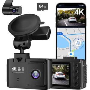 Dash Cam Front and Rear: 4K+2.5K Dual Channel Dash Cam-5GHz WiFi, GPS Dash Camera for Cars with 64GB Card, 2.0" IPS Screen, App Control,G-Sensor,Loop Recording,170Wide Angle,Night Vision,Parking Mode