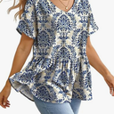 YESNO Women's Summer Tops Casual V Neck Babydoll Blouses Floral Short Sleeve Peplum Shirts TH2, 2XL