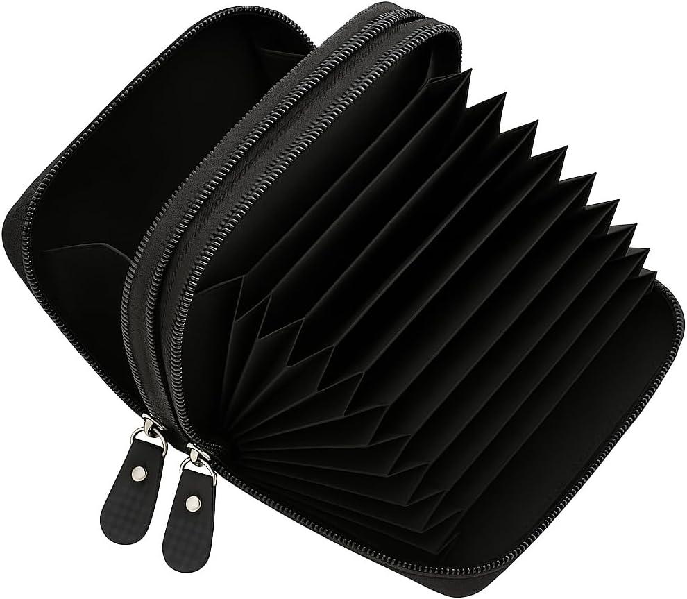 Marshal Genuine Leather Credit Card Holder Wallet Accordion Double Zipper with Id window (Black)