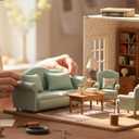 Dollhouse Couch Miniature Furniture Sofa with Pillows for Living Room Desktop Decoration Fabric Sofa Mini Home Scene Accessories Ornament (Sofa Set, Green)