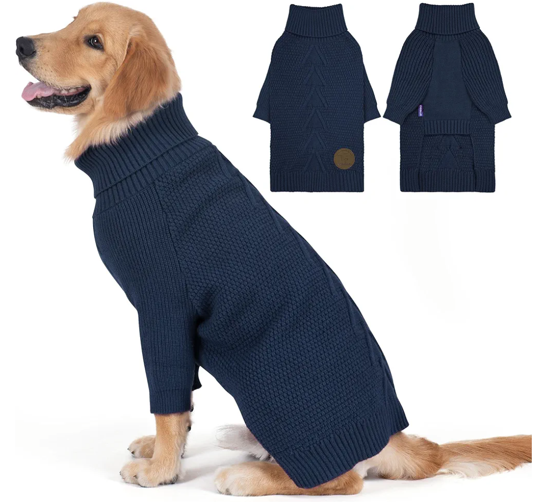 cyeollo 2XL Dog Sweater, Warm Stretchy Sweaters for Large Dogs Boy, Pullover Knitted Thermal Winter Big Dog Clothes with Sleeves, Turtleneck Pet Beagle Border Collie Apparel, Navy XXL