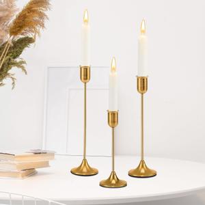 3 pcs Candle Stick Holders， Brass Gold Metal Taper Candle Holders, Vintage Modern Decorative Centerpiece Candlestick Holders for Table Mantel Wedding Housewarming Gift