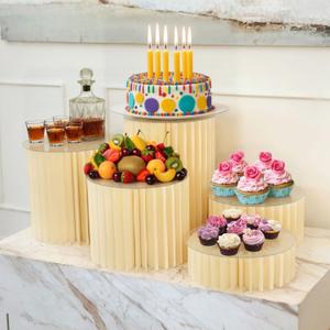 5PCS Buffet Risers, Cylinder Stands for Party with Acrylic Plates, Foldable Food Display Risers, Food Risers for Buffet Table, Weddings, Baby Showers, Birthday, Events Centerpieces Decor (3.9"+5.9"+9.8"+11.8"+15.7")