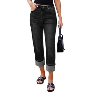 luvamia Straight Leg Jeans for Women Trendy Cropped High Waisted Cuffed Hem Stretchy Boyfriend Capri Jeans with Pockets Medium, Washed Black