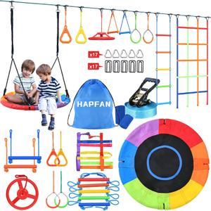 Hapfan 50 FT Ninja Warrior Obstacle Course Swing Set for Kids with Weather-Proof Accessories, Outdoor Playset with Monkey Bars for Backyard (Multicolor)