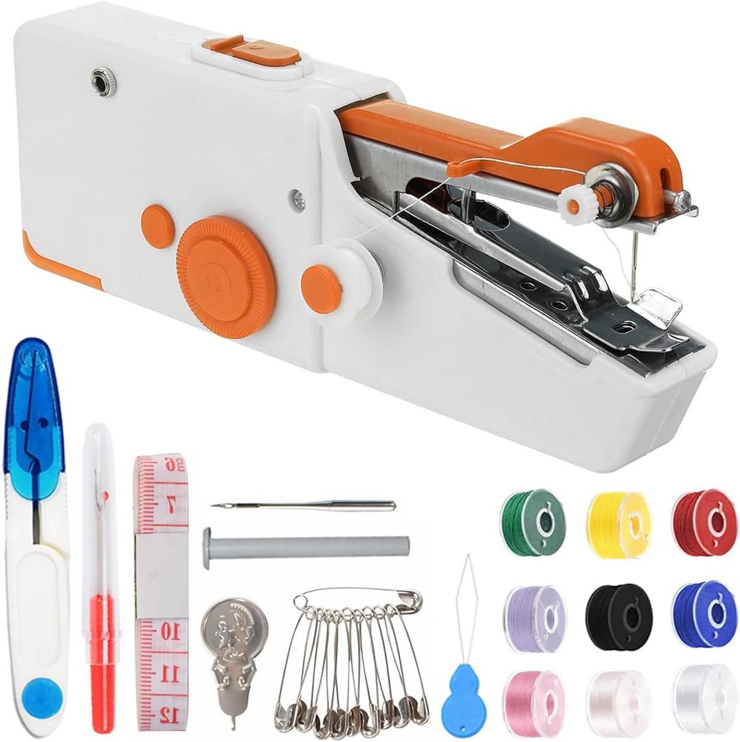 Handheld Sewing Machine for Beginners Quick Stitching, Mini Sewing Machine with Sewing Kits for Fast Fixing Hemming Suitable for Home,Travel,DIY(Orange)