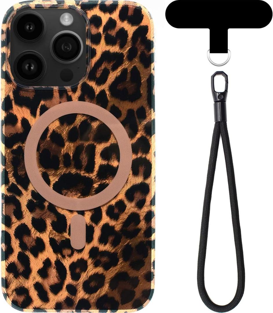 Brown Leopard Print Phone Case for iPhone 16 Pro Max ( 6.9inch ) - Compatible with MagSafe - 10ft Drop Tested, Soft Cheetah Protective Phone Case Cover with Wrist Lanyard Strap for Girls Women