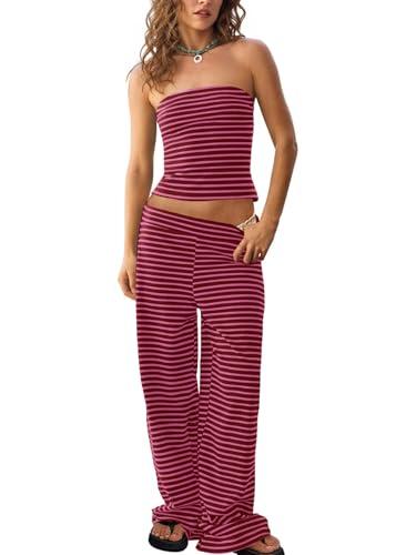 Tankaneo Womens Striped 2 Piece Sets Summer Strapless Crop Tube Tops Wide Leg Pants Matching Lounge Set Vacation Outfits. Size L