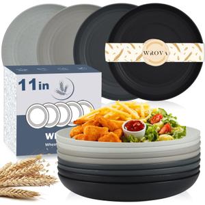 Wrova Large Wheat Straw Plates - 11 Inch Unbreakable Dinner Plates Set of 8 - Dishwasher & Microwave Safe, Reusable - Deep Edge for Kitchen and Camping (Classic) (Classical Series: Black and Grey)