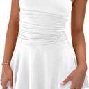 Women Sexy Tube Top Silk Dress Strapless Ruched Basque Waist Ruffle Layer Mini Dress Jumpsuit Party Dresses (White, M)