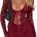 CSDAJIO 2 Piece Outfits for Women Floral Lace Open Front Tie Up Long Sleeve Crop Top Blouse Shirt and Mini Skirt Set (Medium, Red)