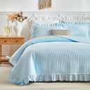 Blue Ruffle Quilt Set Full/Queen Size, 3 Pieces Shabby Chic Farmhouse Striped Bedspread Coverlet Set, Solid Lightweight Soft Microfiber Bed Cover for All Season (1 Ruffled Quilt + 2 Pillow Shams), Queen-90" x 90"