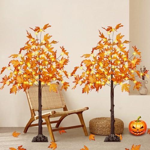 2 Pack 4FT Artificial Lighted Maple Tree, Fall Decorations for Home with Timer, 100 LED Prelit Fall Decor Maple Tree with Warm White Light for Indoor Outdoor Harvest Halloween Thanksgiving Day, Orange
