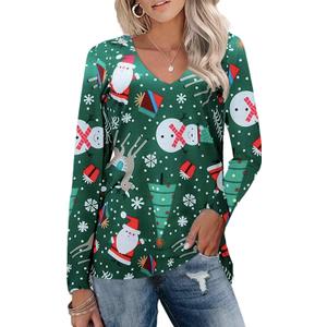 Ugly Christmas Shirts Women Merry Christmas Trees Tees Long Sleeve Xmas Snowman Blouse Top V Neck (Green, L)
