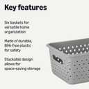 Amazon Basics Decorative BPA-Free Plastic Storage Baskets, 9.9 x 7.4 x 4.16, Grey, Pack of 6