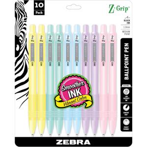 Zebra Pen Z-Grip Pastel Retractable Ballpoint Pen 10-Pack, Assorted Color Barrels, 1.0mm Medium Point, Black Ink, Low Viscosity Ink, Latex-Free Grip, Visible Ink Supply (22101)