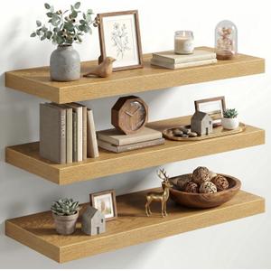 Fun Memories 30 Inch Floating Shelves for Wall, 12" Deep Large Wall Mounted Wood Shelves with Invisible Bracket, Rustic Oak Floating Shelf for Bathroom Over Toilet Kitchen Living Room, Set of 3