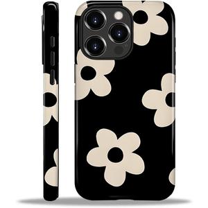 Compatible with iPhone 16 Pro Case - Dual-Layer Protection, Hard Shell with Silicone Interior,Slim Scratch Resistant Shockproof for Woman Men - Black White Flower Floral