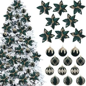 Soulchen 20 Pcs Christmas Velvet Poinsettia Flower Balls Ornaments Set Glitter Artificial Poinsettia Decoration Christmas Tree Ornaments Wreath Garland Decoration (Green)