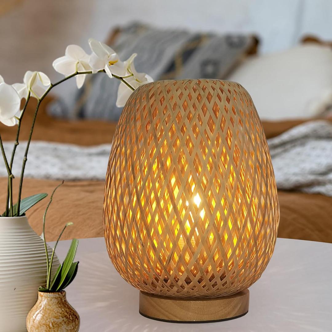 Boho Table Lamp - Small Lamps for Bedroom, Wicker lamp, Rattan Lamp, Boho Bamboo Woven Table Lamp for Bedroom Living Room Desk, 2700K T45 LED Bulb Included