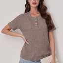 Womens Tops Summer Sweaters Short Sleeve Patchwork V Neck Henley Shirts 2026 Dressy Casual Business Tunic Blouses (Brown, XXL)