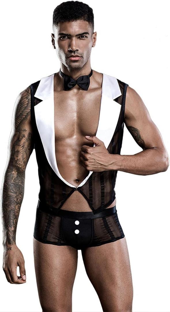 Mens Butler Waiter Cosplay Costume Tuxedo Sexy Lingerie Set Role Play Servant Dress Uniform Gay Bar Nightclub Outfit (Black White-01, One Size)