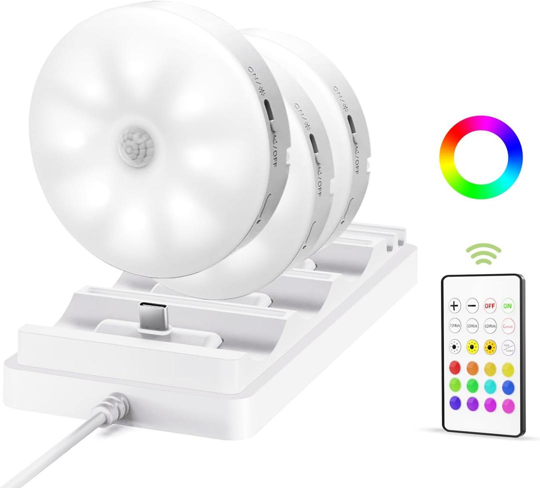 EZVALO Under Cabinet Lighting with Charging Station,1000mAh Rechargeable Puck Lights with Remote, 3 Color Temps & RGB Closet Lights, Dimmable Motion Sensor Lights for Shelf, Kitchen (3 Packs) (White)