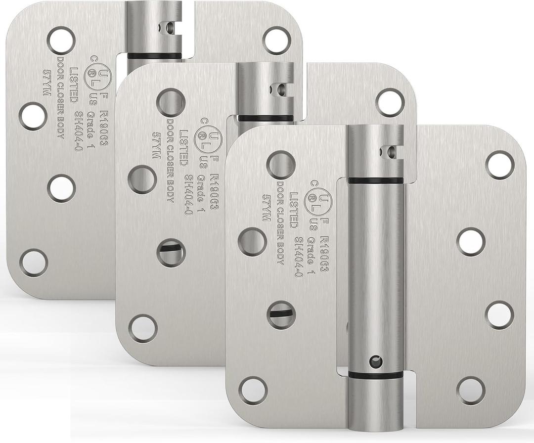 3 Pack Self Closing Door Hinges, 4 Inch Spring Loaded Door Hinges, Adjustable Tension with 5/8'' Radius Corners, for Front, Back Doors, Left and Right Hand, UL Listed, Satin Nickel