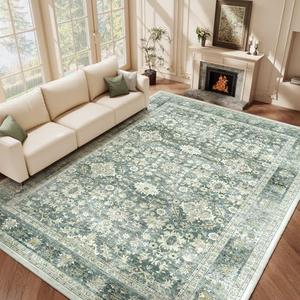 VK VK·LIVING Machine Washable Rug 9'x12' Vintage Design Washable Area Rugs with Non Slip Rugs for Living Room Bedroom Traditional Woven Carpet Stain Resistant Home Decor Boho Rug, Green&Beige