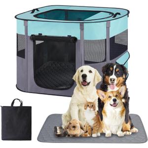 Large Dog Cat Playpen Crate with Waterproof Pad,Portable Collapsible Pet Dog Cat Kennel Cage Tent,Suitable for Indoor Outdoor Travel Camping,Water-Resistant Breathable Shade Cover (Green L)