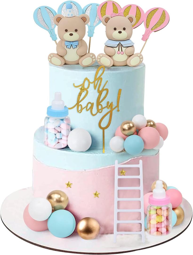 32PCS Bear Gender Reveal Cake Toppers - Mini 3D Blue Pink Bear Milk Bottle Gold Balls Oh Baby Cake Decorations for Boy or Girl He or She Gender Reveal Baby Shower Birthday Party (Bp)