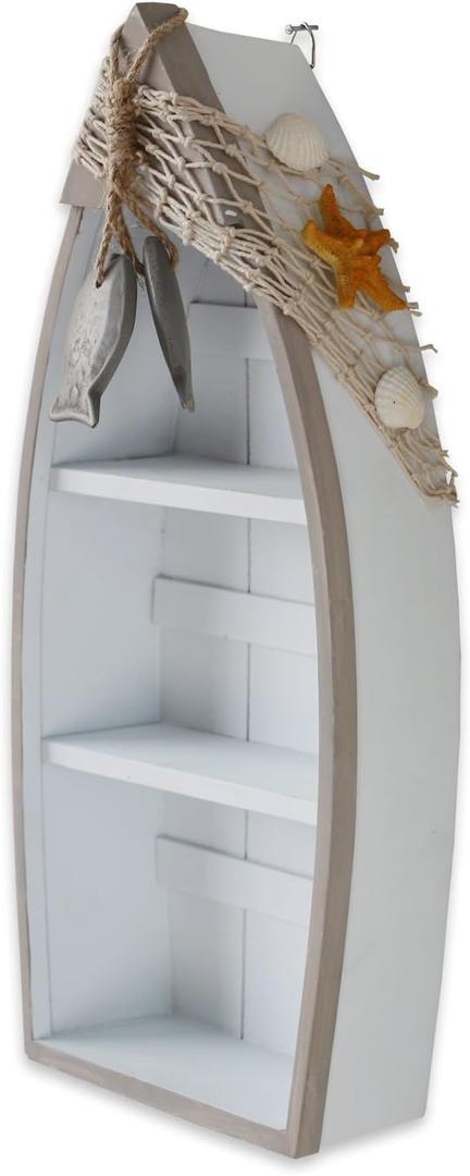 Attraction Design Wooden Boat Shelf, 16.5" H Standing Boat Display with Fish Net Starfish Seashell Accents White Beach Nautical Theme Decor H (Boat Shelf)