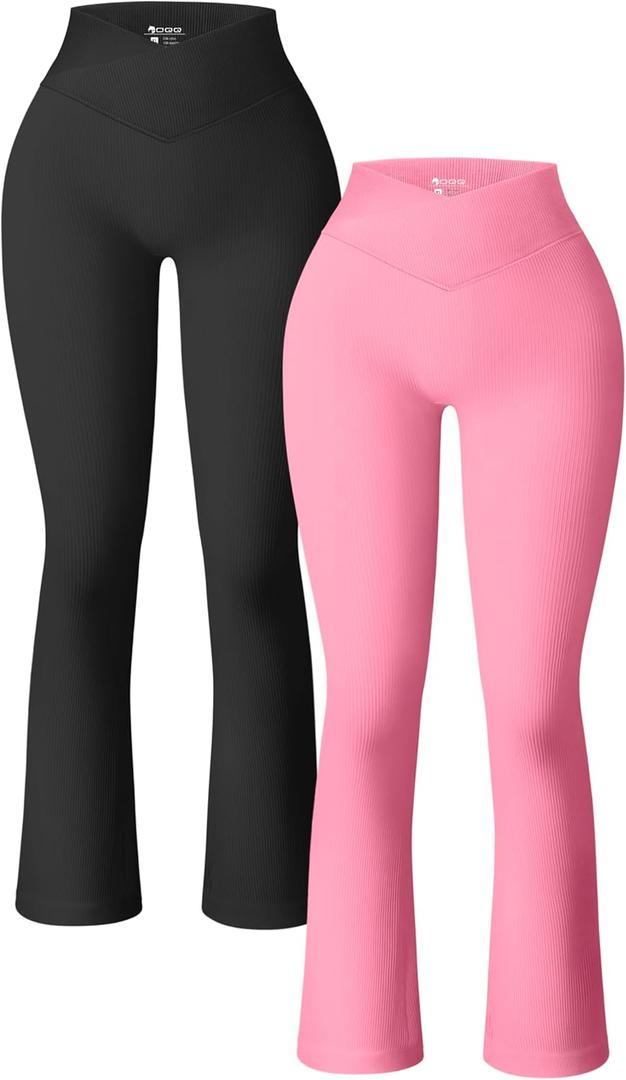 OQQ Women's 2 Piece Yoga Pants Ribbed Seamless Workout High Waist Cross Over Bell Bottoms Exercise Flare Leggings (Candypink,black) S
