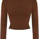 Sunzel Tight Long Sleeve Shirts for Women Slim Fit Tshirts Crew Neck Basic Tees Trendy Fitted Workout Going Out Tops (Brown, XS)