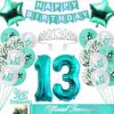 13th Birthday Decorations for Girls, Teal Glitter Official Teenager Birthday Cake Topper and sash, Happy Birthday Banner, Silver 13th Birthday Crown, NO.13 Birthday Foil Balloons, Latex Balloons