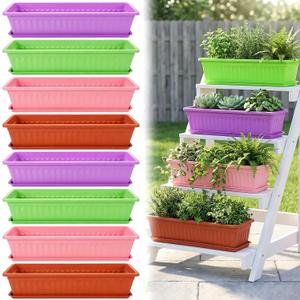 8 Pack 23 Inch Window Flower Box Outdoor, Extra Large Railing Planter Boxes Plastic Long Rectangle Planter Box with Drainage Trays for Patio Balcony Fence Windowsill Garden